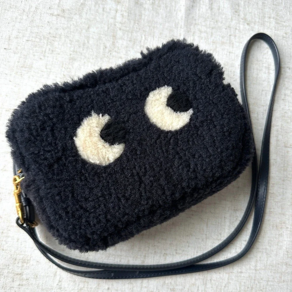 Anya Hindmarch Shearling Mini Eyes Crossbody Bag Black